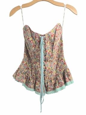 Betsey Johnson Floral Lace-Up Strapless Bustier with Turquoise Trim Y2K